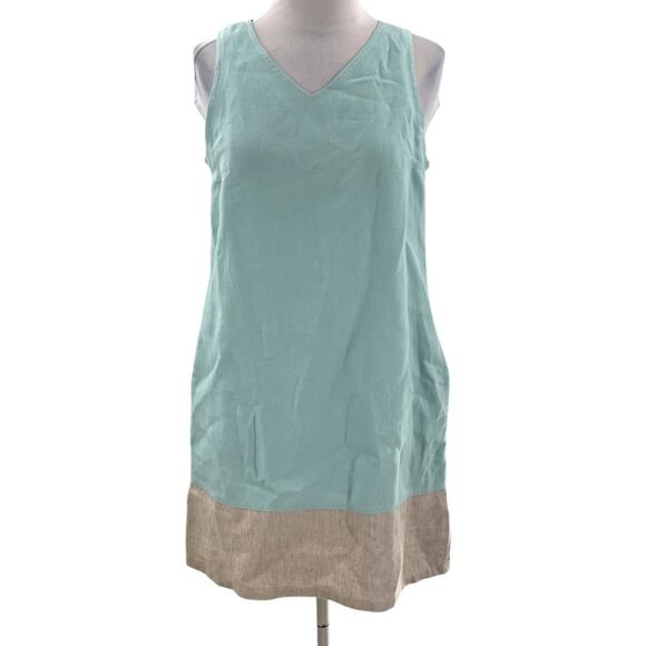 iLinen colorblock light blue tan shift dress with pockets sz S - Picture 1 of 5